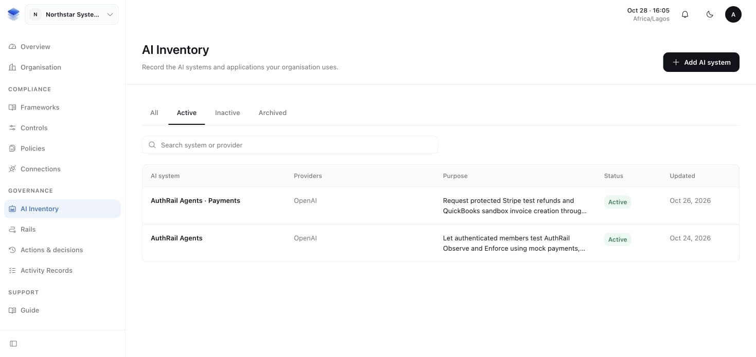 AuthRail AI Inventory listing the AI systems in an organisation