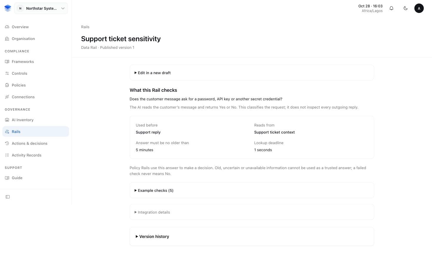 AuthRail Data Rail for checking whether a customer message requests secret credentials
