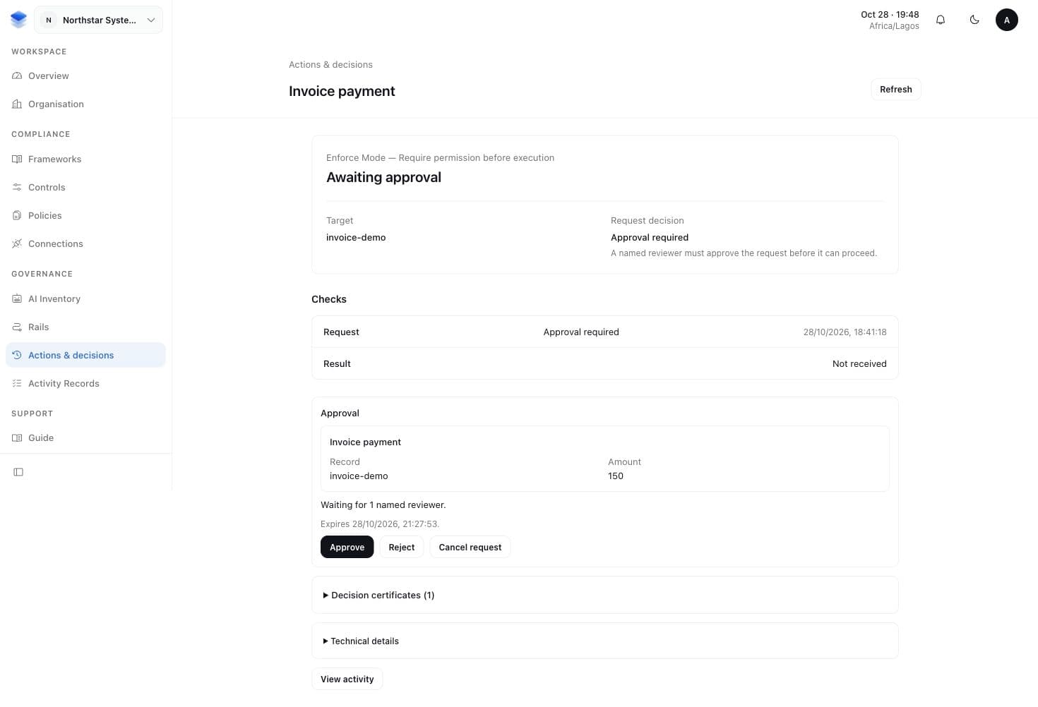 Enforce payment request awaiting approval for invoice-demo with amount 150 and reviewer actions