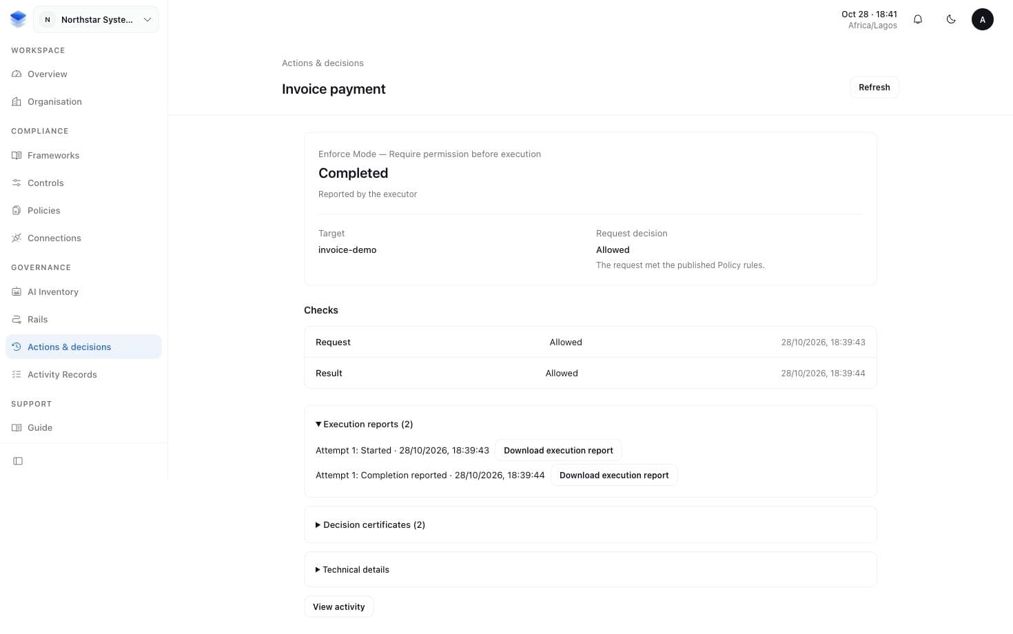Enforce Action showing allowed request and result checks with separate Started and Completion reported entries
