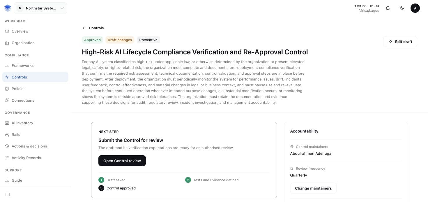 Control showing an approved practice, its maintainer and separate draft changes