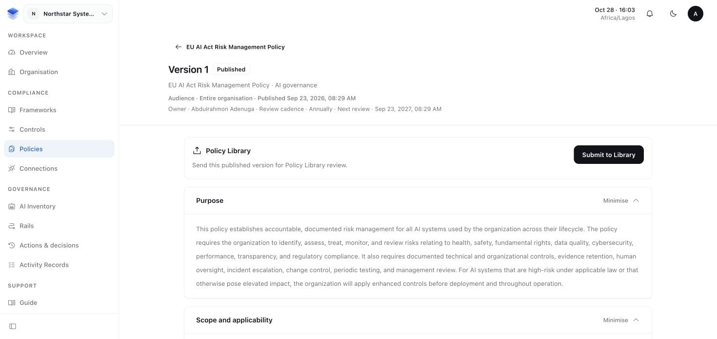 A published AuthRail Policy showing its owner, review schedule and purpose