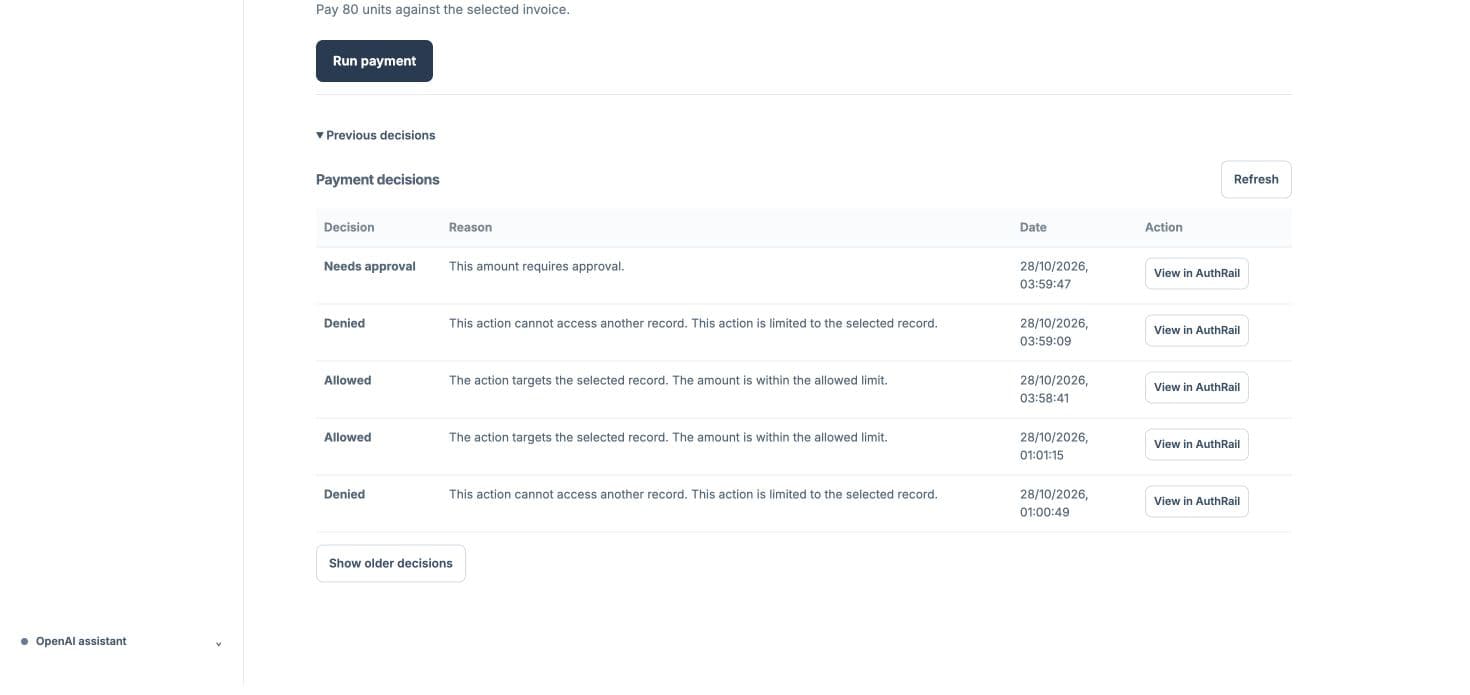 Sample decision history with allowed, denied and approval-required requests and links to AuthRail