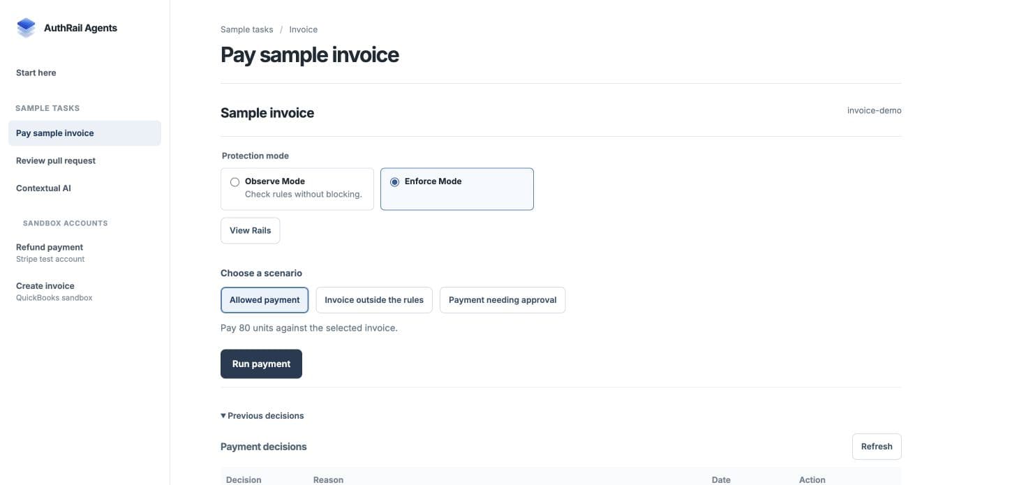 Sample invoice application with Observe and Enforce modes and three payment scenarios