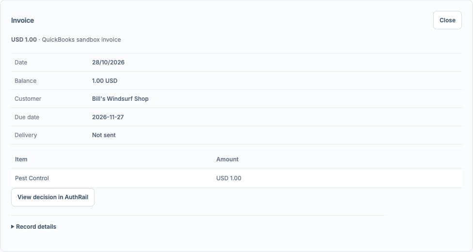 Existing QuickBooks sandbox invoice showing a one-dollar amount and balance, line item, due date and Not sent delivery status