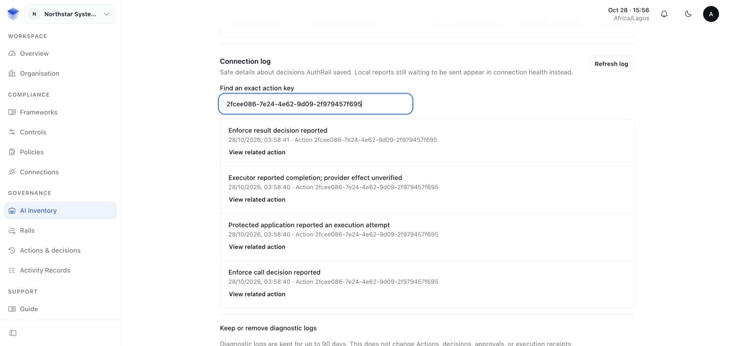 A deployment connection log showing recorded decisions, reported execution events and links to related Actions