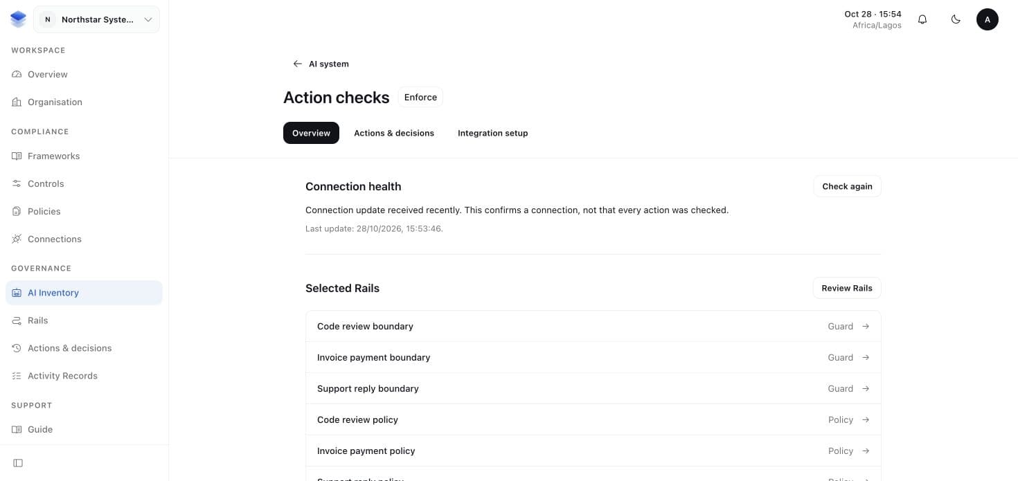 A sample deployment Overview showing Connection health, last update time and selected Rails