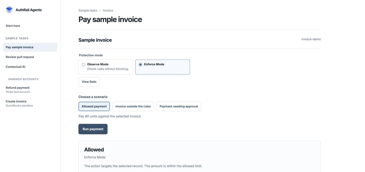 Sample application with Enforce selected and an Allowed payment result