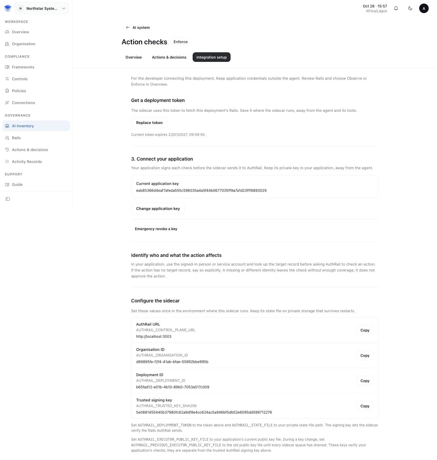 Integration setup showing deployment connection settings, application public key and token controls