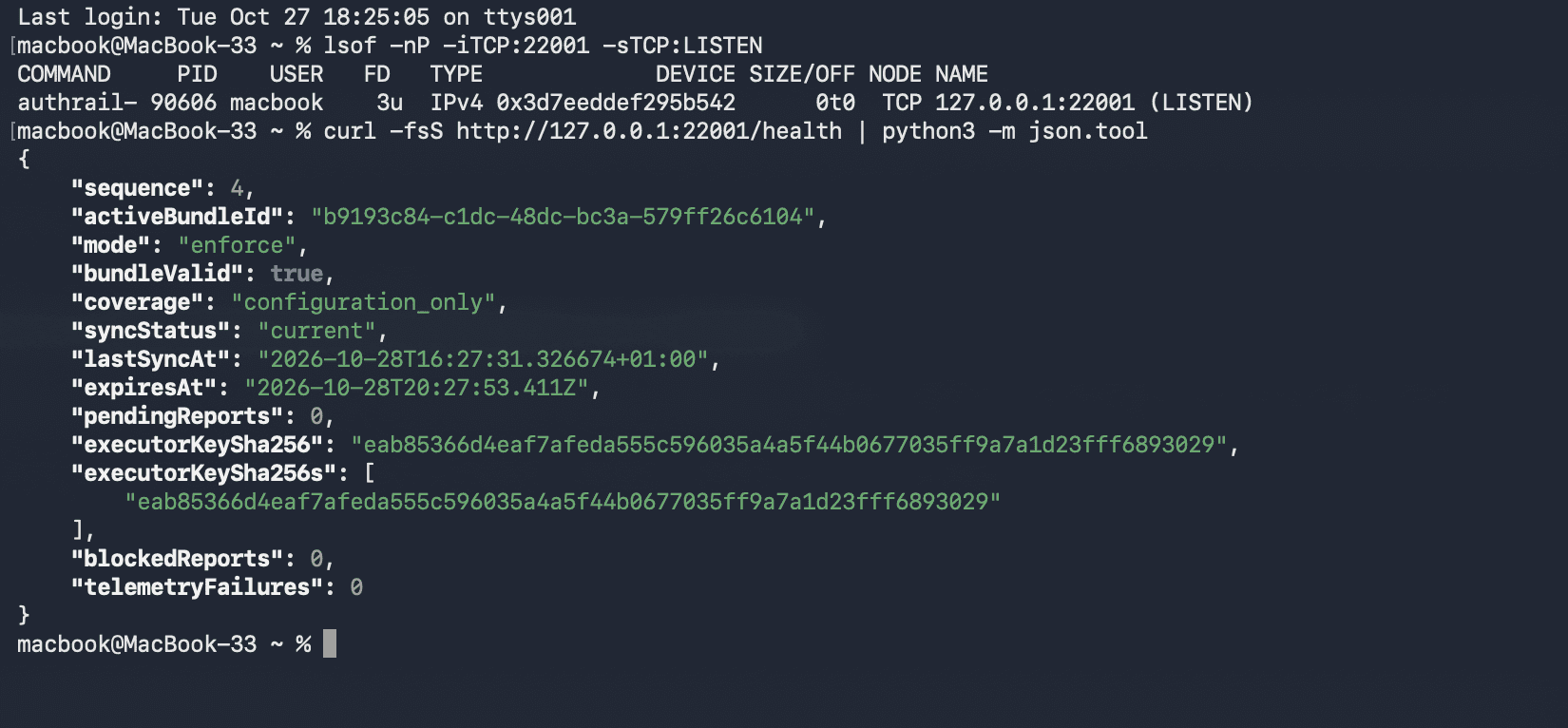 Native AuthRail sidecar listening on port 22001 with valid rules and no pending or blocked reports