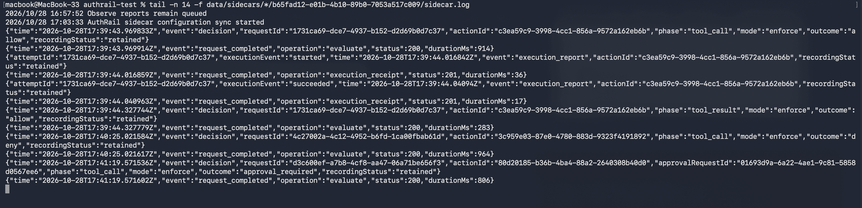 Actual sidecar logs showing an allowed payment, its execution reports, a denied request and a request needing approval